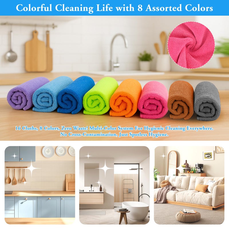 lucdnc Microfiber Reuseable Cleaning Cloths 16 Pack 8 Color Soft Kitchen Towels 11.5""X11.5"" Cleaning Rags for Housekeeping Home Bathroom Car Lint Free Wet and Dry Use Dusting Cleaning Supplies - Image 2